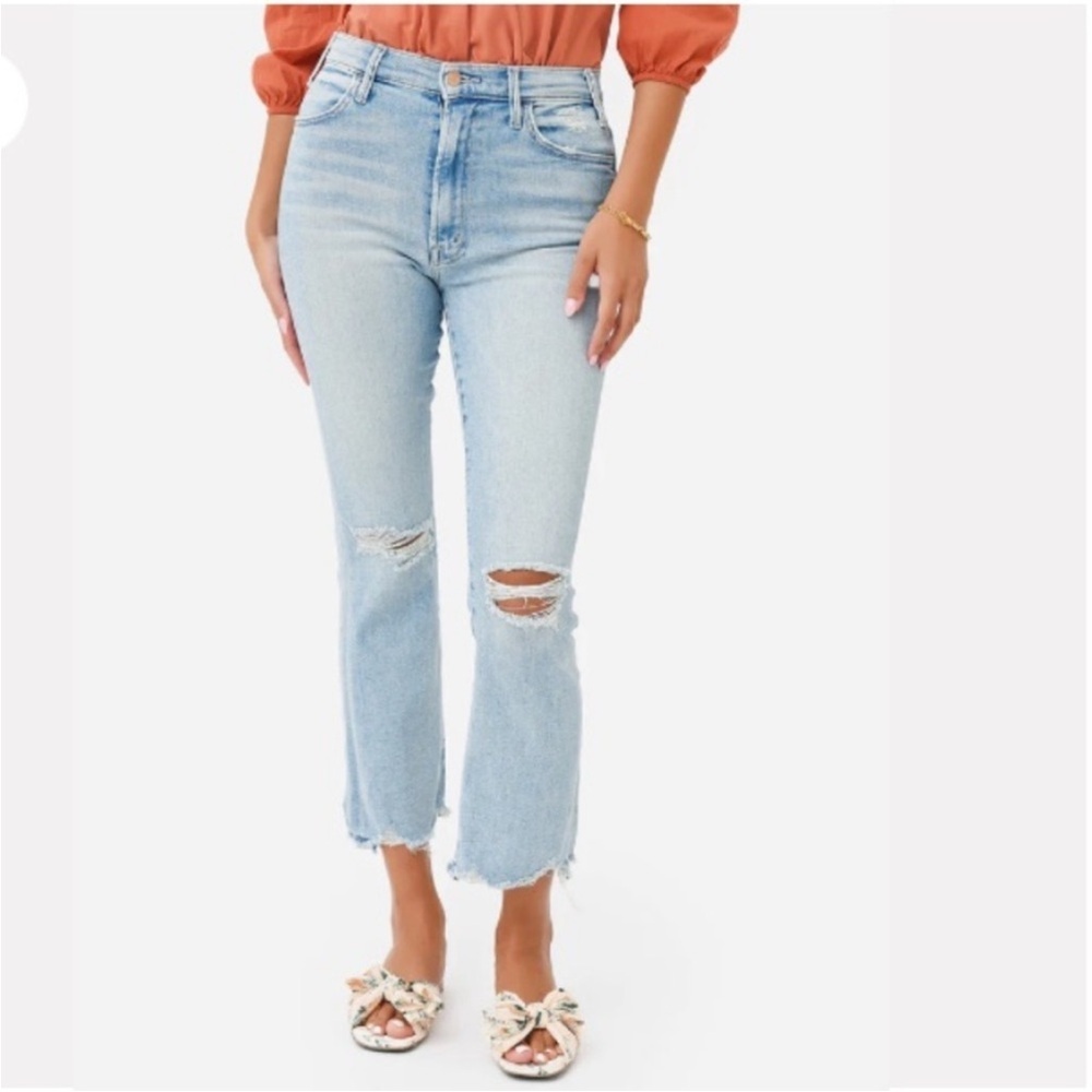 MOTHER THE HUSTLER ANKLE CHEW IN PETAL PLUCKER FLARED RAW CHEWED HEM HI RISE